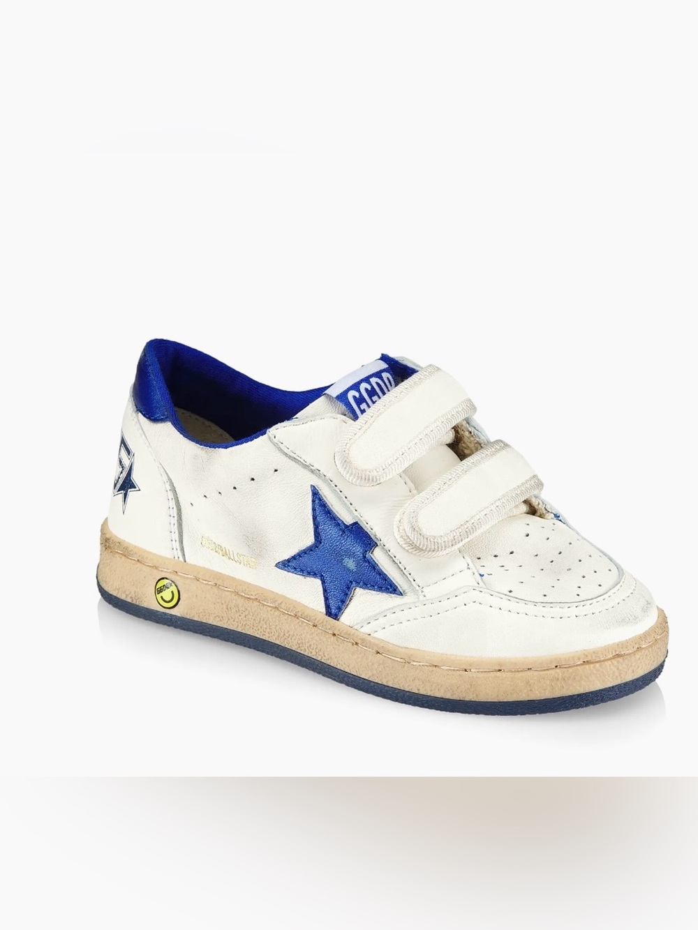 Golden Goose Kids White Leather Sneakers with Blue Star & Trim (Velcro)